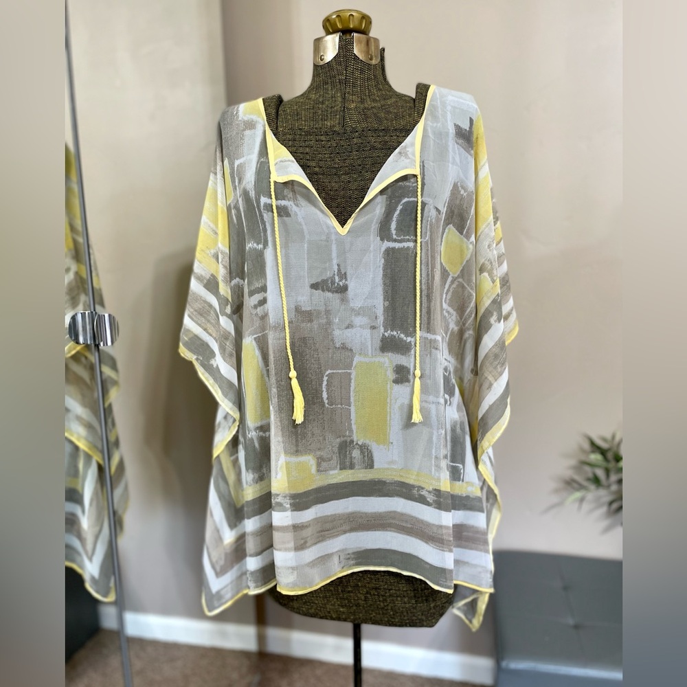 Chico’s Yellow Sheer Chiffon Poncho Tunic Top Kaftan Boho Resort Size L / XL